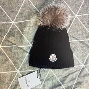 Moncler Black Beanie with Fur Pom